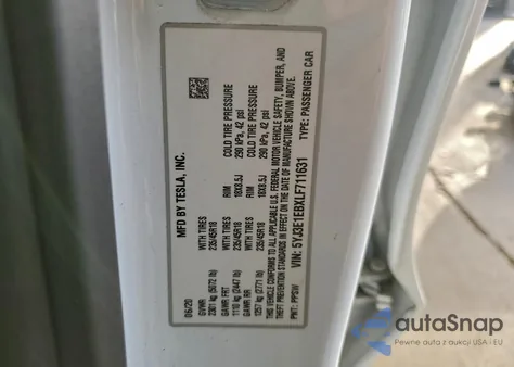 2020 Tesla Model 3 z USA, uszkodzony, nr VIN 5YJ3E1EBXLF711631